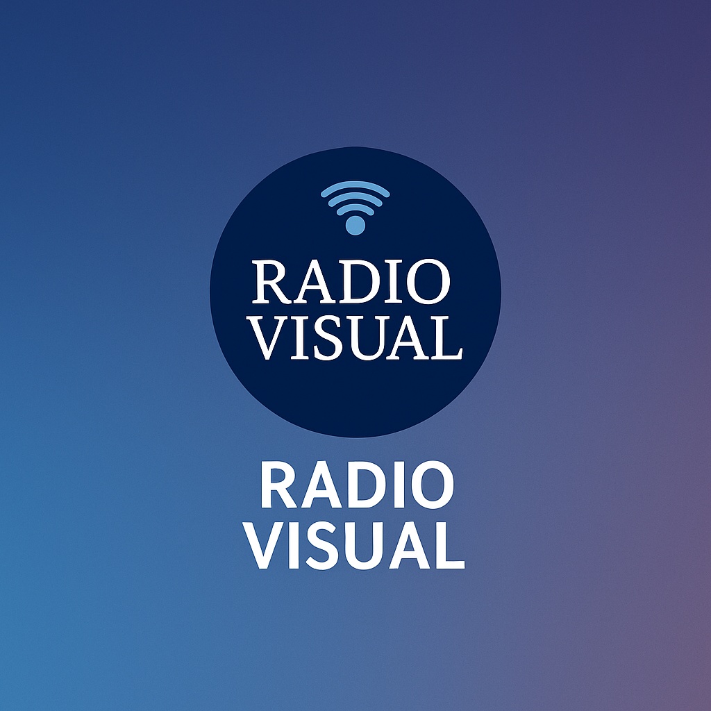 Logotipo de Radio Visual en el centro de un diseño circular azul con elementos gráficos que simulan ondas y circuitos digitales.