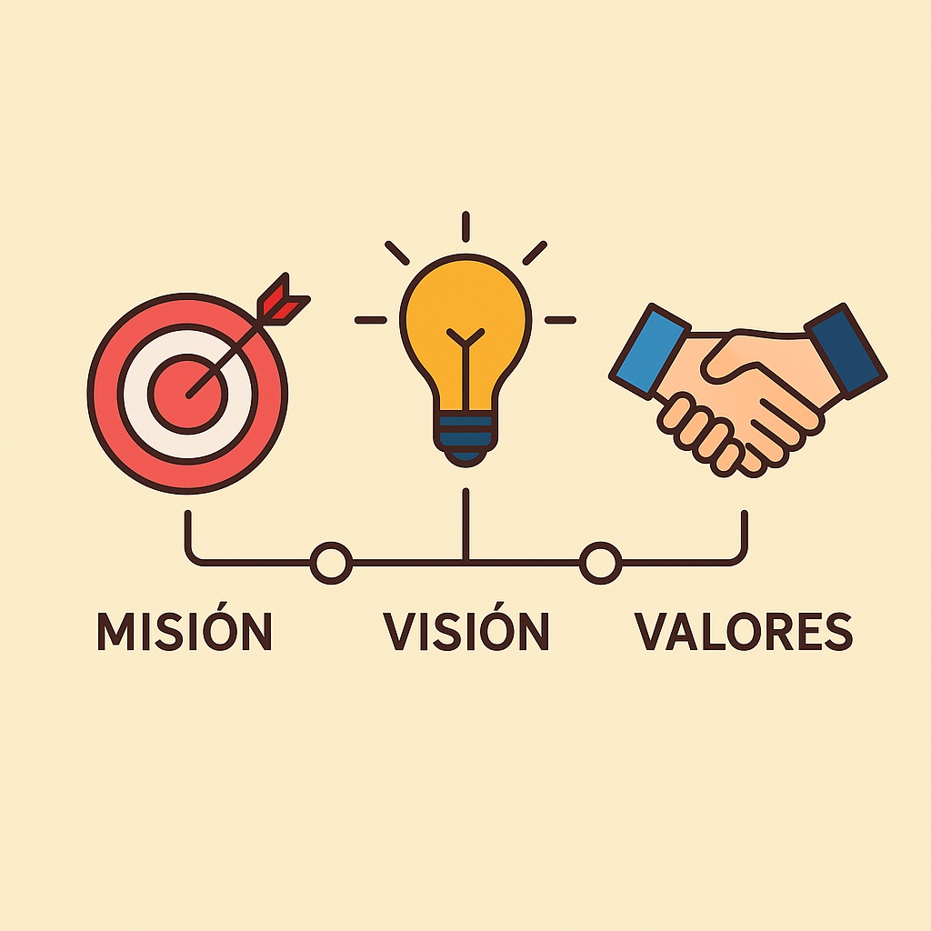 Ilustración con tres círculos interconectados que representan conceptos de propósito, trabajo en equipo y comunidad, en referencia a la misión, visión y valores.