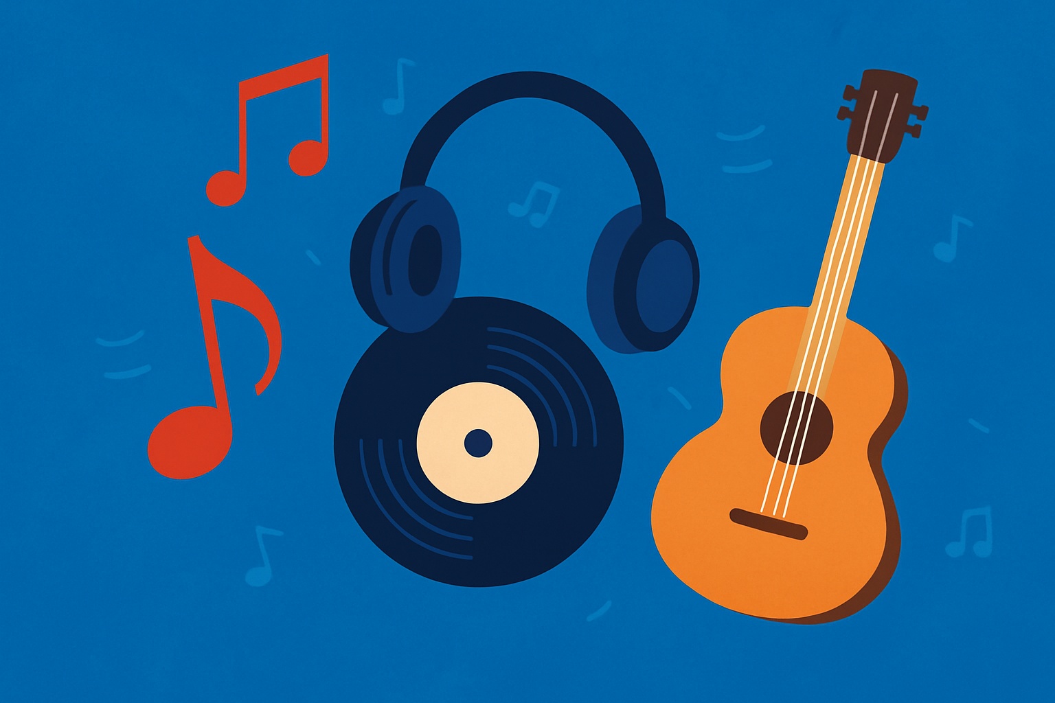 Ilustración de consola de radio con micrófono, audífonos y notas musicales flotando, representando la programación musical de una emisora.