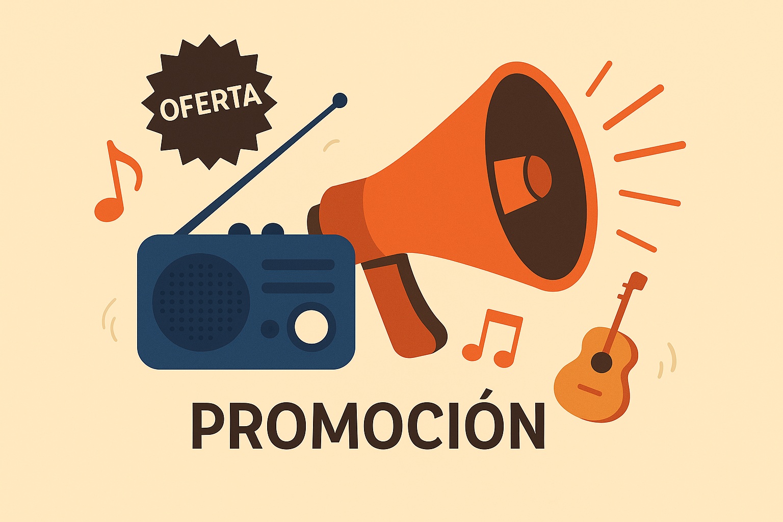 Ilustración con un megáfono y una radio, rodeados de íconos musicales y la palabra Promoción, representando los servicios publicitarios de la emisora.